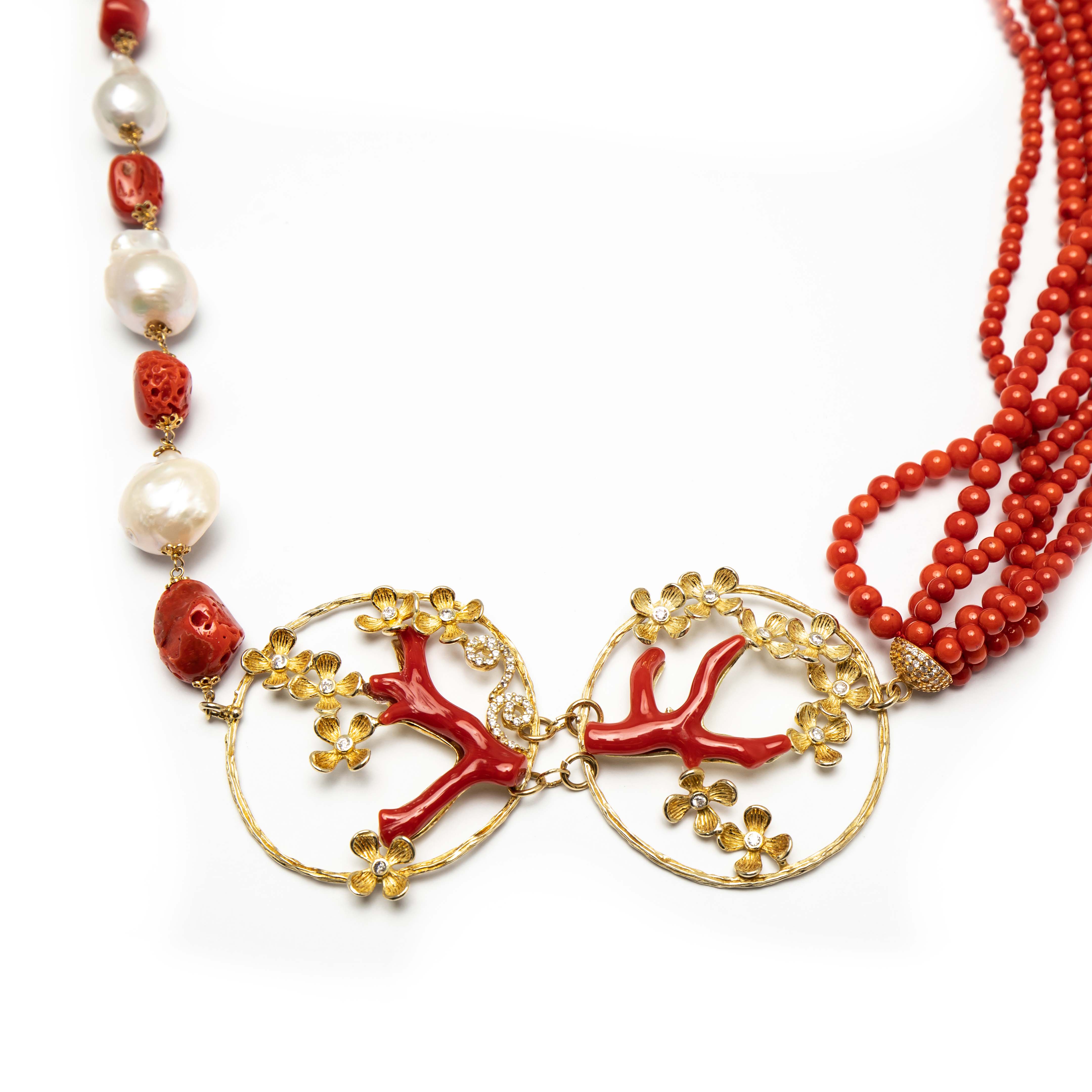 Natural Stone Necklace With Coral And Pearls