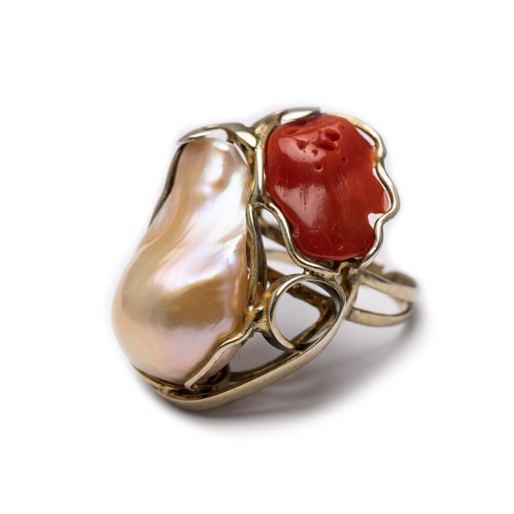 Silver 925 Gold Plated Baroque Pearl And Bamboo Coral Ring.